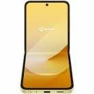 Opgevouwen Samsung Galaxy Z Flip smartphone met gele achtergrond - TouchFix reparatieservice voor opvouwbare smartphones