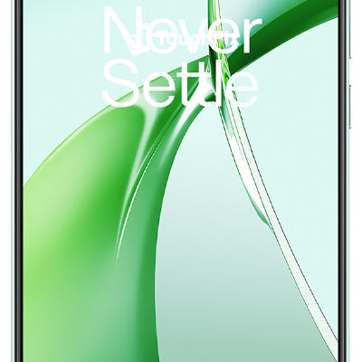 OnePlus smartphone met groene achtergrond en de slogan 'Never Settle' - TouchFix reparatieservice voor OnePlus toestellen