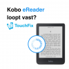 Kobo eReader loopt vast met vastlopend laadsymbool en TouchFix-logo.